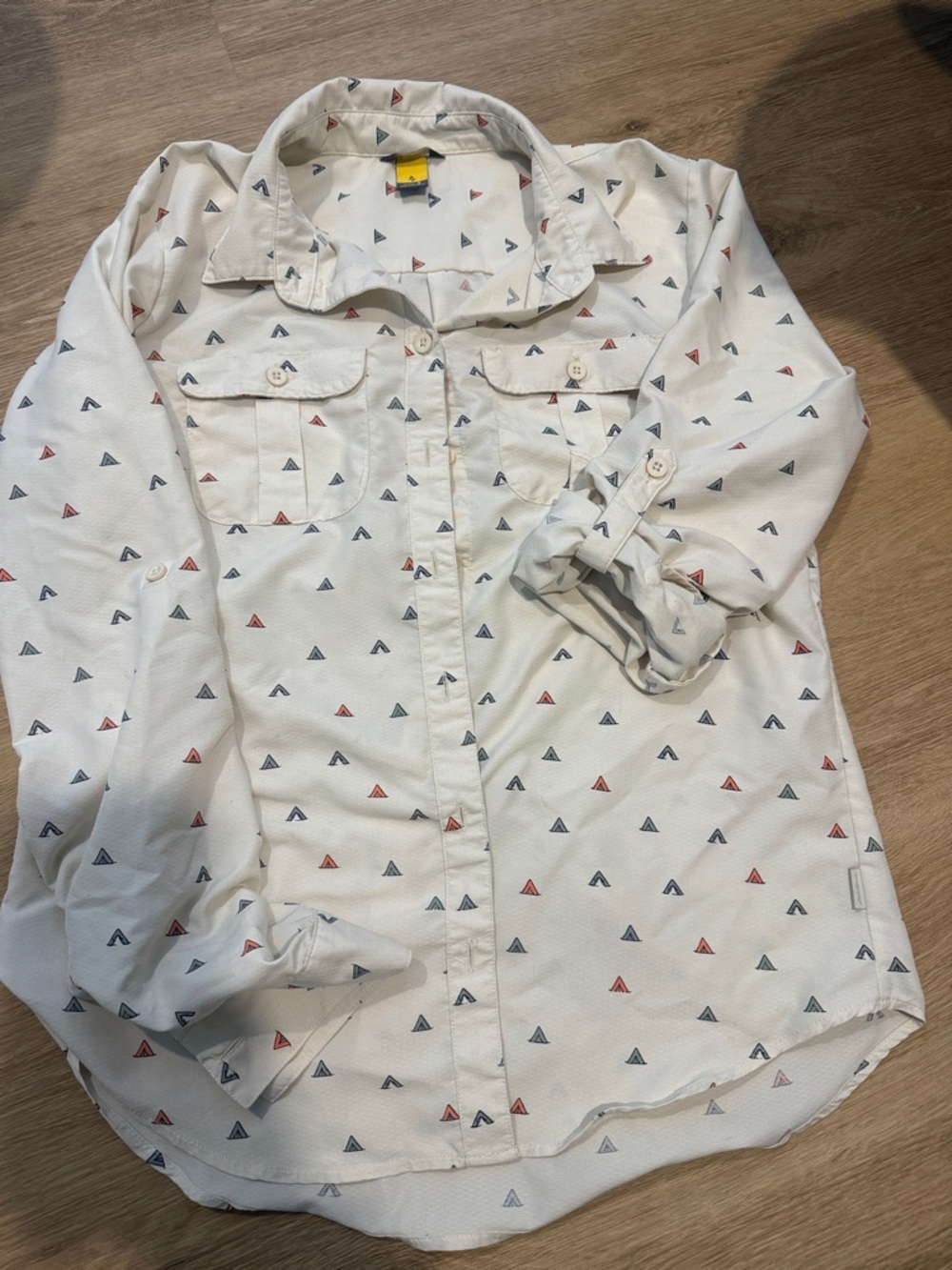 Eddie Bauer White Button-Down Shirt with Red & Blue Triangle Print